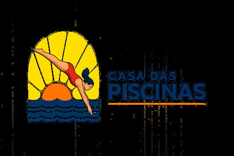 Casa das Piscinas logo featuring a diver diving into water with a yellow sun and blue waves